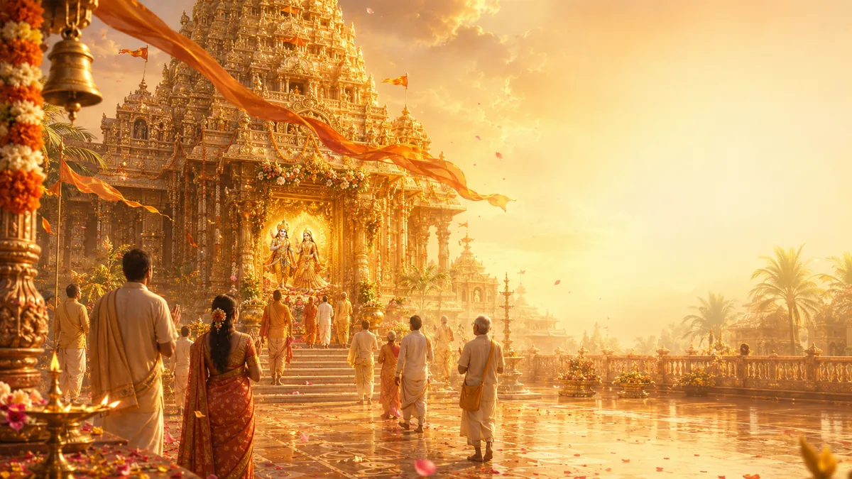 Devotees approaching a glowing temple